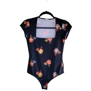 Infinitely Free People Womens Bodysuit Black S Floral One Piece Square Neck